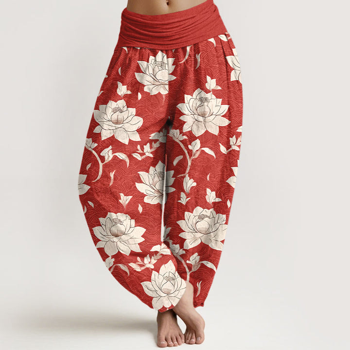 Pantalones harén de algodón puro con estampado de loto beige y Buddha Stones para mujer con cintura elástica - Rojo - US16，UK/AU20，EU48 (3XL) - image 0