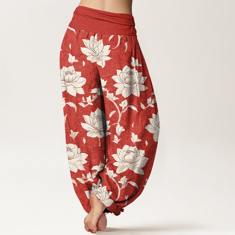 Pantalones harén de algodón puro con estampado de loto beige y Buddha Stones para mujer con cintura elástica - image 1