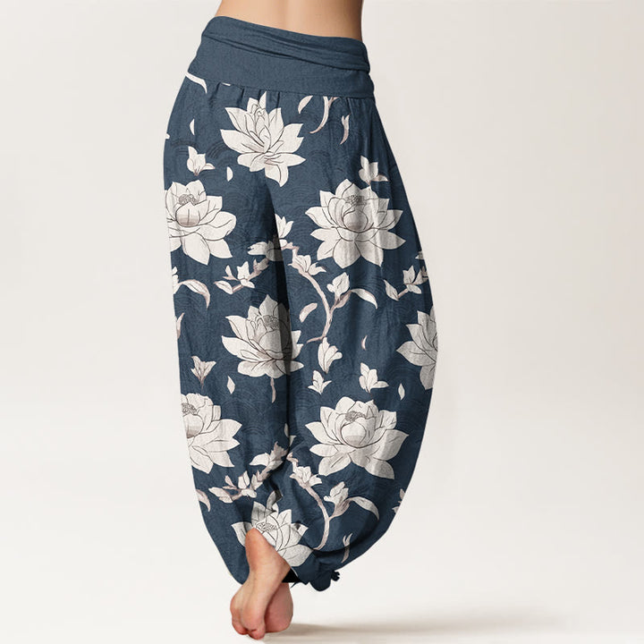 Pantalones harén de algodón puro con estampado de loto beige y Buddha Stones para mujer con cintura elástica - image 6