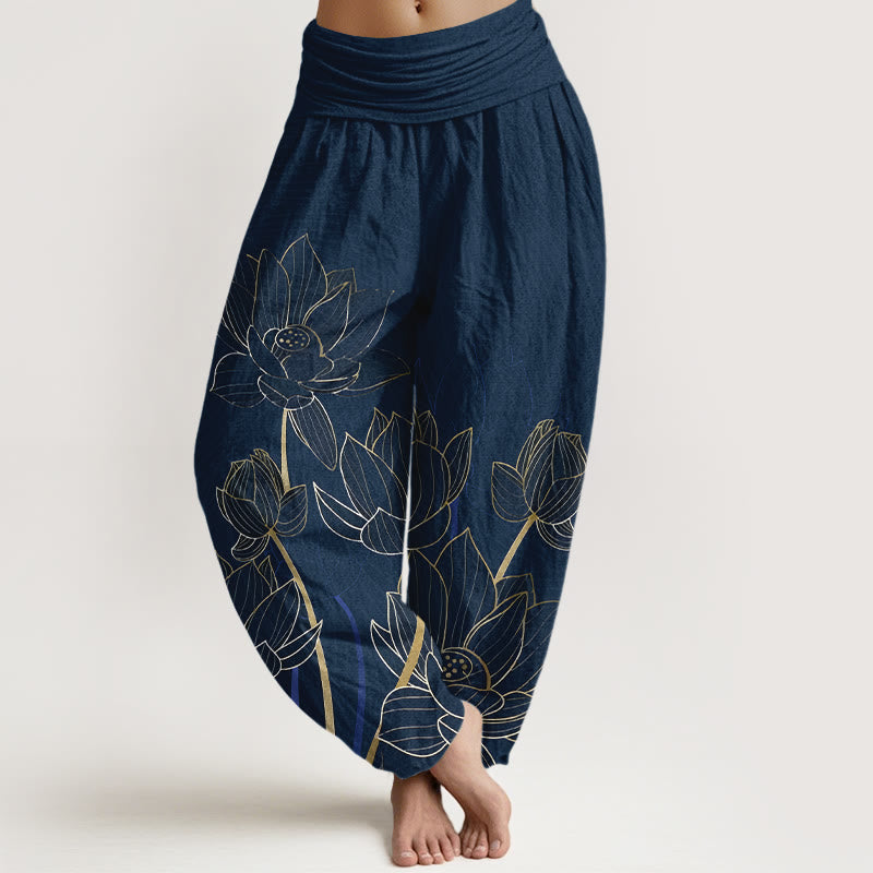 Pantalones harén de algodón puro con estampado de flor de loto minimalista y Buddha Stones para mujer, cintura elástica - Marina de guerra - US16，UK/AU20，EU48 (3XL) - image 0