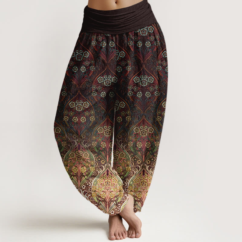 Pantalones Buddha Stones de algodón puro con estampado floral retro para mujer, cintura elástica - SaddleBrown - US16，UK/AU20，EU48 (3XL) - image 0