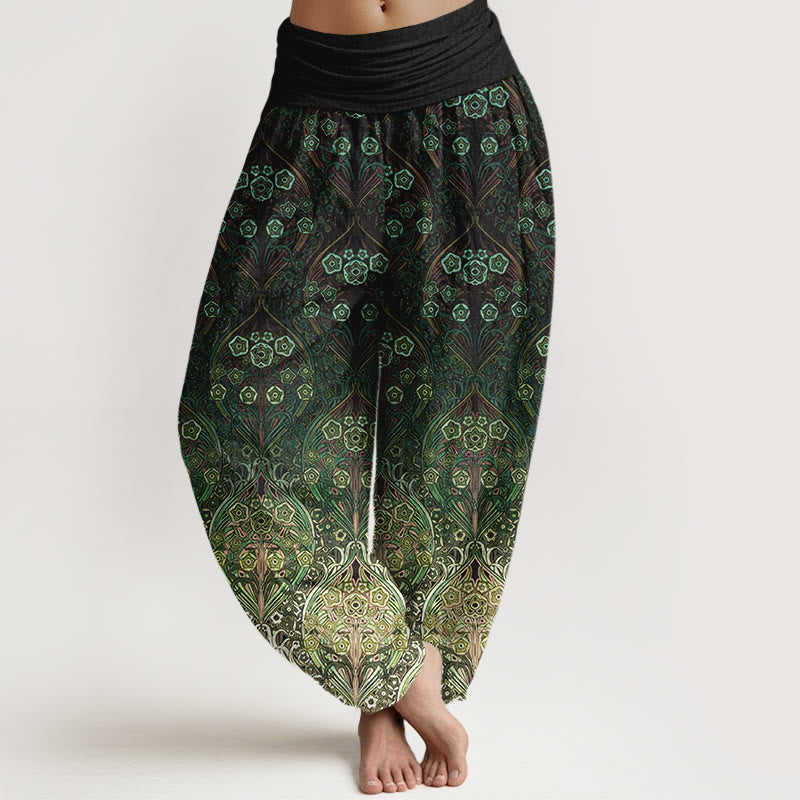 Pantalones Buddha Stones de algodón puro con estampado floral retro para mujer, cintura elástica - Verde oscuro - US16，UK/AU20，EU48 (3XL) - image 8