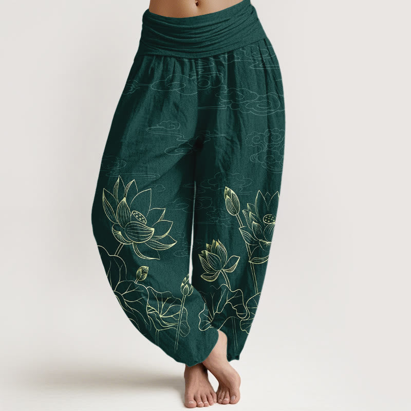 Pantalones Buddha Stones de algodón puro con diseño de flor de loto, hojas, capullos y nubes para mujer, con cintura elástica - Verde oscuro - US16，UK/AU20，EU48 (3XL) - image 0