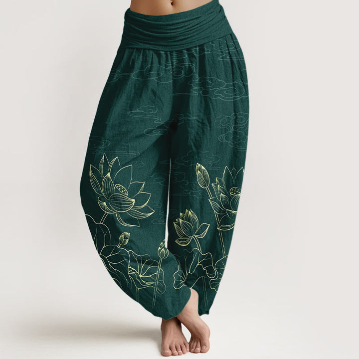 Pantalones Buddha Stones de algodón puro con diseño de flor de loto, hojas, capullos y nubes para mujer, con cintura elástica - Verde oscuro - US16，UK/AU20，EU48 (3XL) - image 0