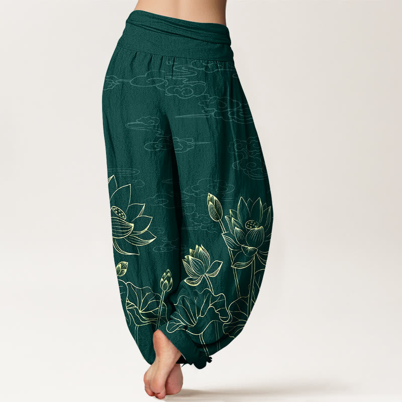 Pantalones Buddha Stones de algodón puro con diseño de flor de loto, hojas, capullos y nubes para mujer, con cintura elástica - image 1
