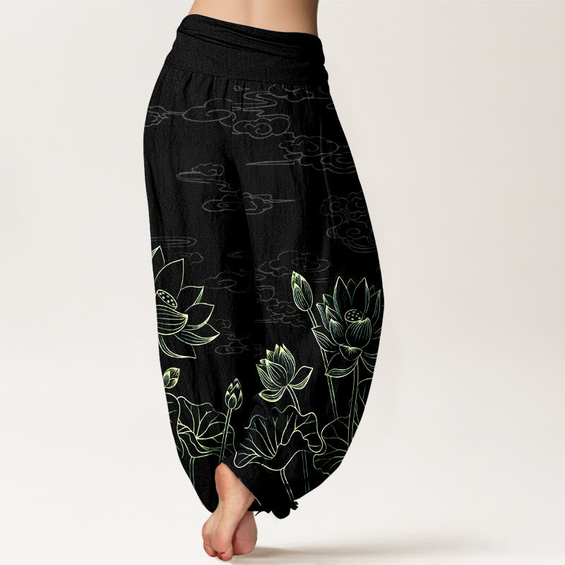 Pantalones Buddha Stones de algodón puro con diseño de flor de loto, hojas, capullos y nubes para mujer, con cintura elástica - image 9
