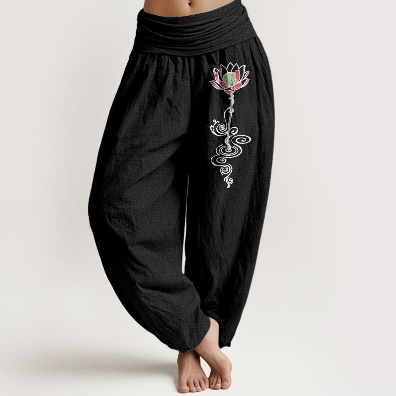 Pantalones Buddha Stones de algodón puro con estampado de flor de loto para mujer, cintura elástica - Negro - US16，UK/AU20，EU48 (3XL) - image 5
