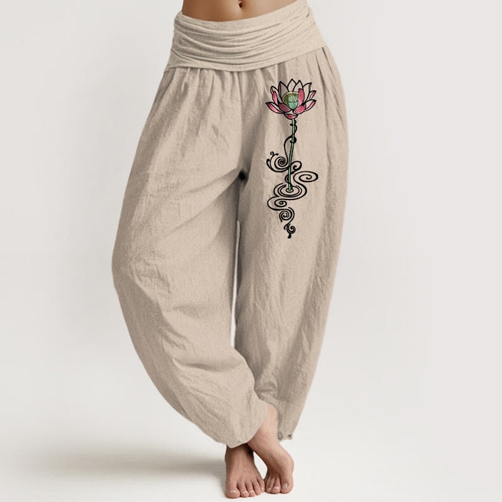 Pantalones Buddha Stones de algodón puro con estampado de flor de loto para mujer, cintura elástica - Broncearse - US16，UK/AU20，EU48 (3XL) - image 11