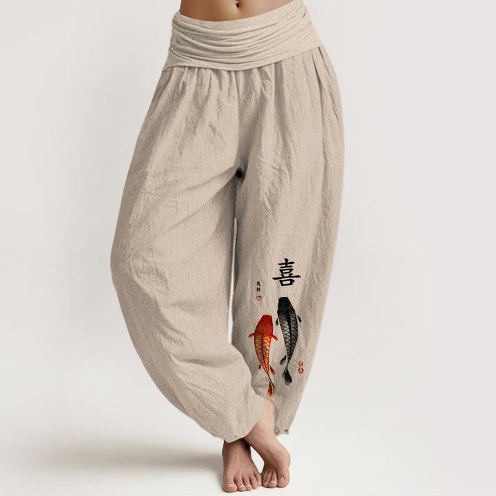 Pantalones Buddha Stones de algodón puro con estampado de peces koi y caracteres chinos para mujer, cintura elástica - Broncearse - US16，UK/AU20，EU48 (3XL) - image 0