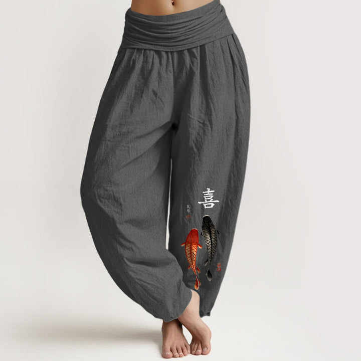Pantalones Buddha Stones de algodón puro con estampado de peces koi y caracteres chinos para mujer, cintura elástica - Gris oscuro - US16，UK/AU20，EU48 (3XL) - image 11