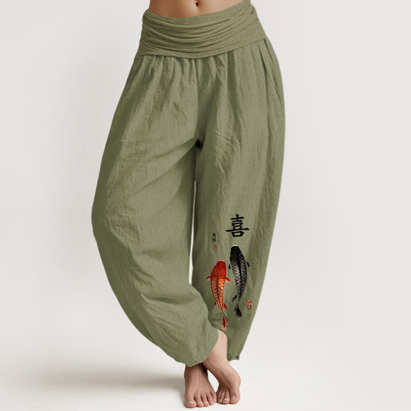 Pantalones Buddha Stones de algodón puro con estampado de peces koi y caracteres chinos para mujer, cintura elástica - Verde oliva - US16，UK/AU20，EU48 (3XL) - image 14