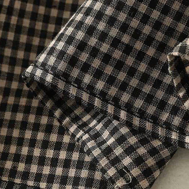 Vestido midi de manga larga con cuello alto, cordones y bolsillos, diseño a cuadros blancos y negros de Buddha Stones Fall - image 9