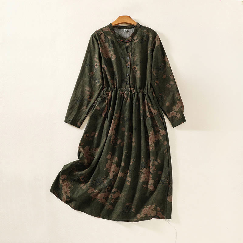 Vestido midi informal de manga larga con estampado floral y bolsillos, con botones y Buddha Stones - Verde oliva - US12, UK/AU16, EU44 (2XL) - image 0