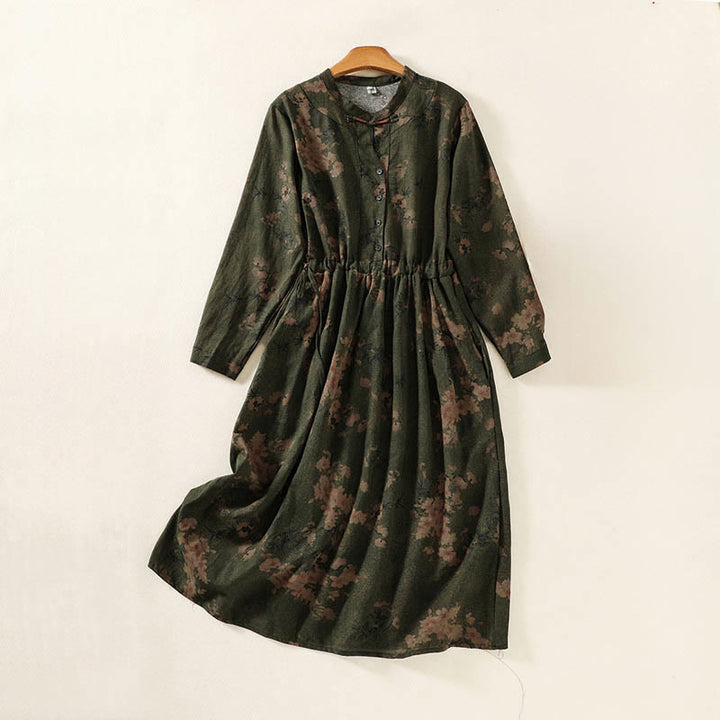Vestido midi informal de manga larga con estampado floral y bolsillos, con botones y Buddha Stones - Verde oliva - US12, UK/AU16, EU44 (2XL) - image 0
