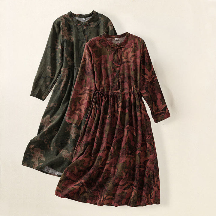 Vestido midi informal de manga larga con estampado floral y bolsillos, con botones y Buddha Stones - image 18