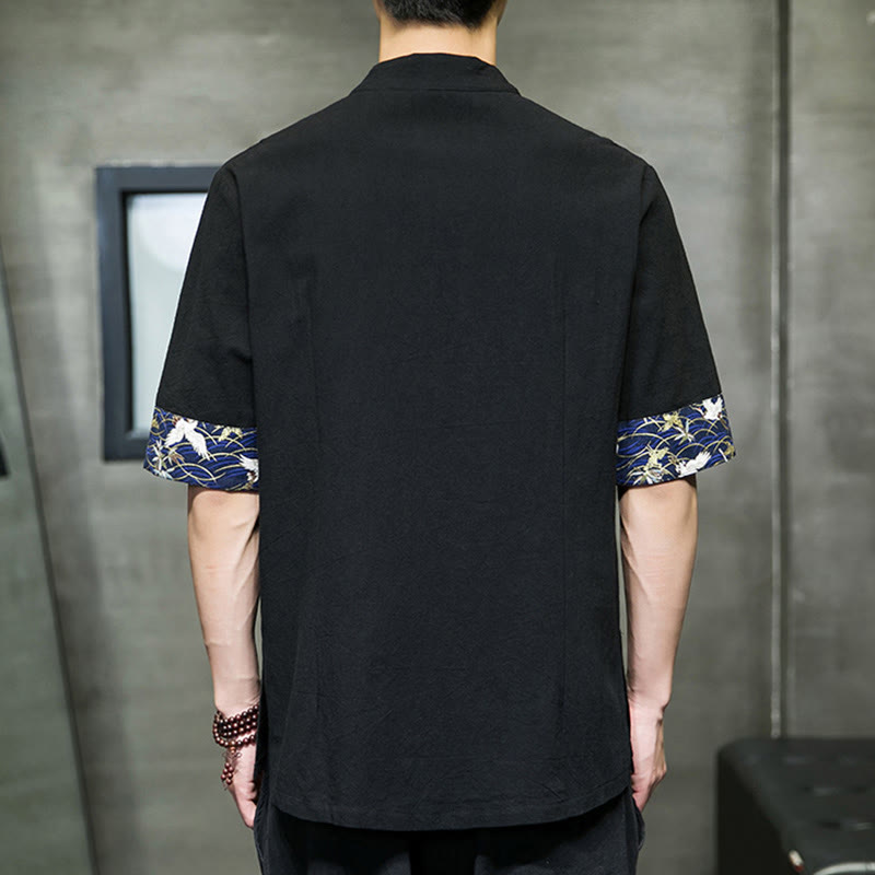 Camisa de algodón con cuello alto, manga corta y botones de rana en color liso para hombre, con diseño de grulla blanca y Buddha Stones - image 3