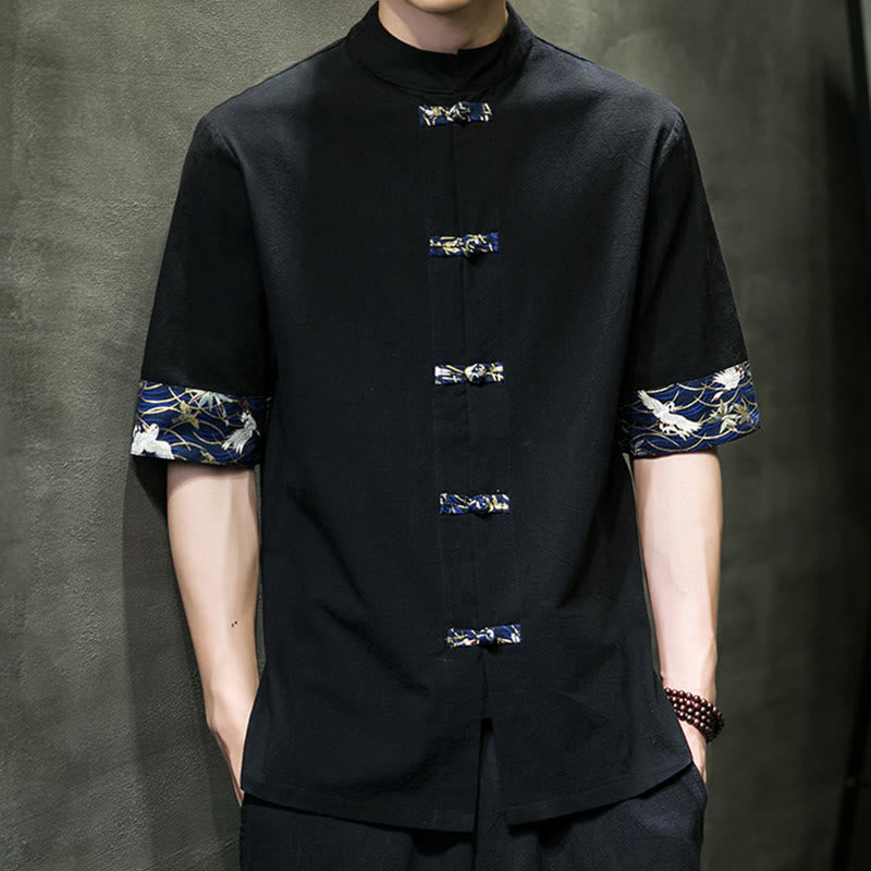 Camisa de algodón con cuello alto, manga corta y botones de rana en color liso para hombre, con diseño de grulla blanca y Buddha Stones - image 1