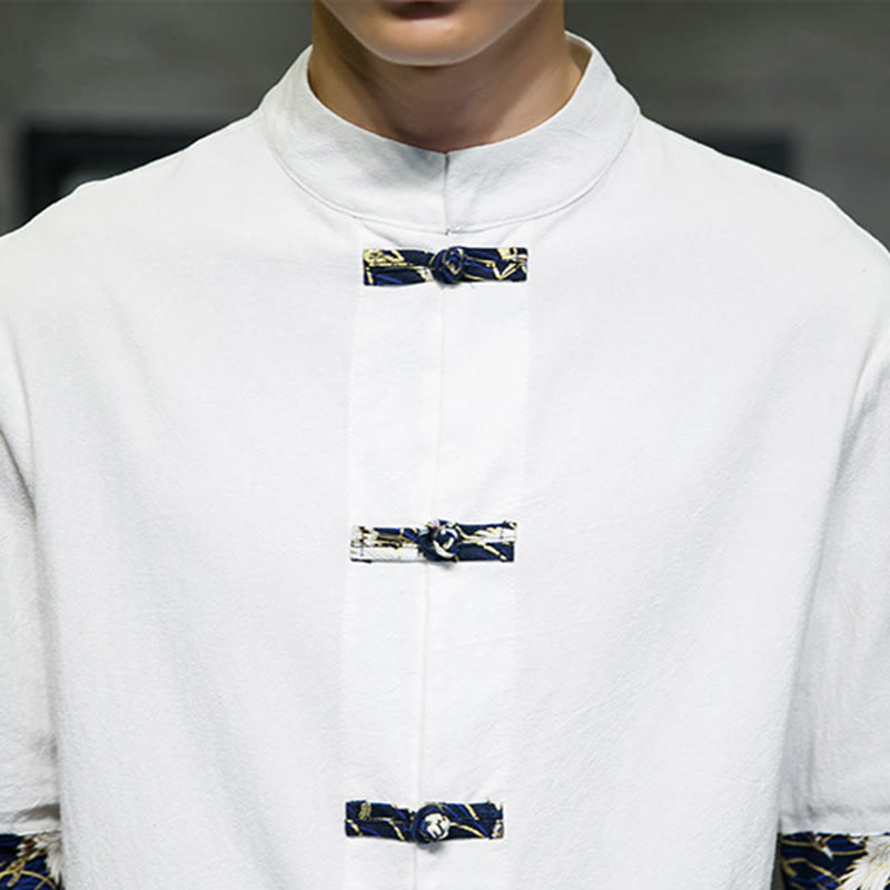 Camisa de algodón con cuello alto, manga corta y botones de rana en color liso para hombre, con diseño de grulla blanca y Buddha Stones - image 16
