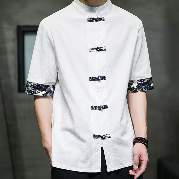 Camisa de algodón con cuello alto, manga corta y botones de rana en color liso para hombre, con diseño de grulla blanca y Buddha Stones - image 11