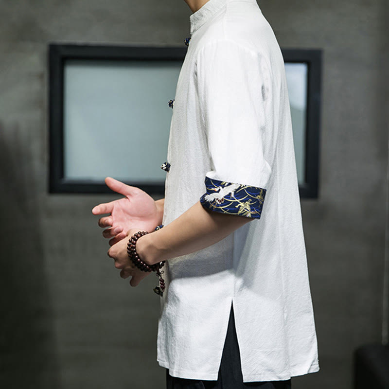 Camisa de algodón con cuello alto, manga corta y botones de rana en color liso para hombre, con diseño de grulla blanca y Buddha Stones - image 14
