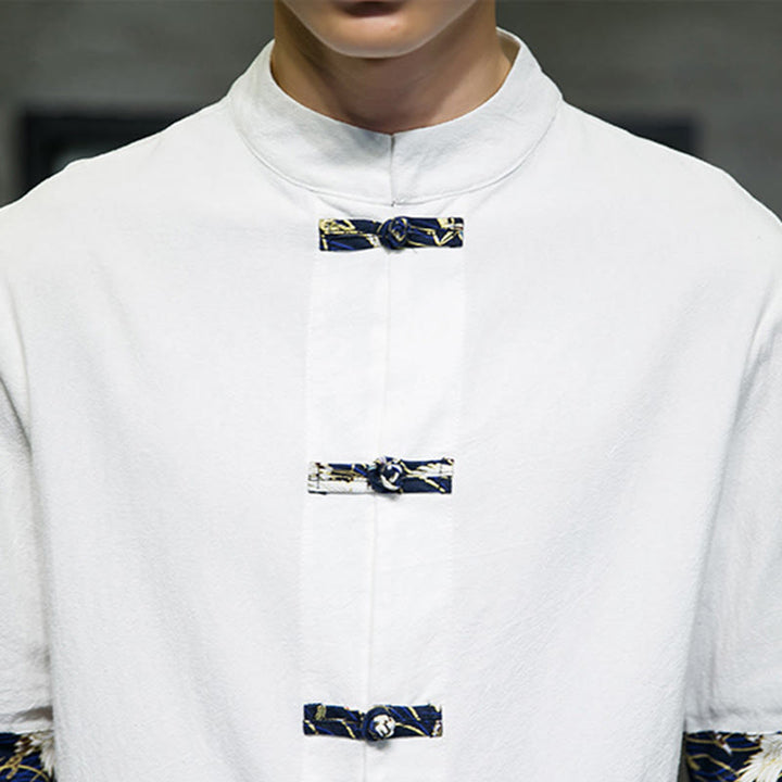 Camisa de algodón con cuello alto, manga corta y botones de rana en color liso para hombre, con diseño de grulla blanca y Buddha Stones - image 16