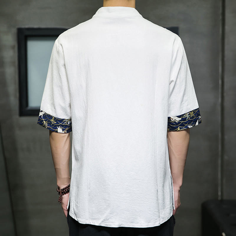 Camisa de algodón con cuello alto, manga corta y botones de rana en color liso para hombre, con diseño de grulla blanca y Buddha Stones - image 12