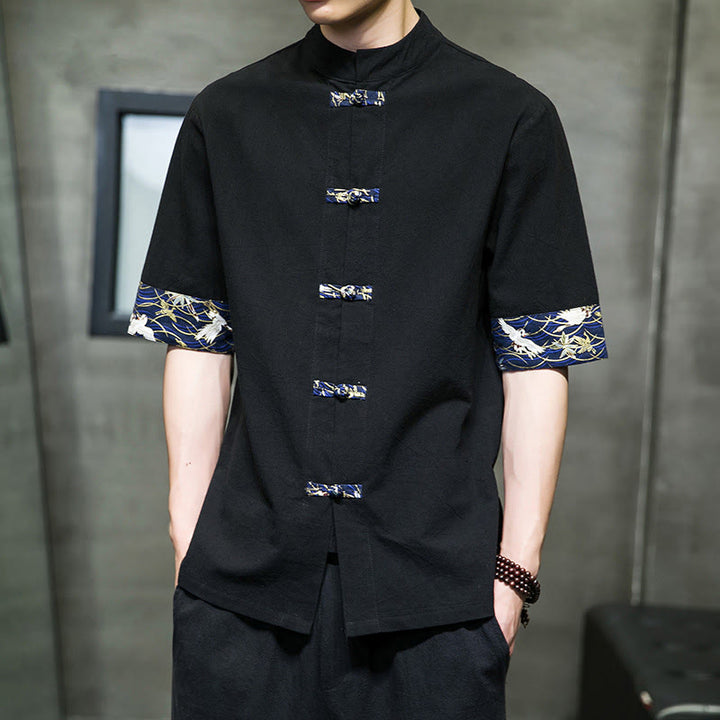 Camisa de algodón con cuello alto, manga corta y botones de rana en color liso para hombre, con diseño de grulla blanca y Buddha Stones - image 5