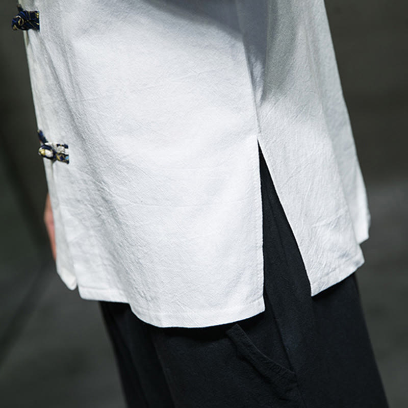 Camisa de algodón con cuello alto, manga corta y botones de rana en color liso para hombre, con diseño de grulla blanca y Buddha Stones - image 18