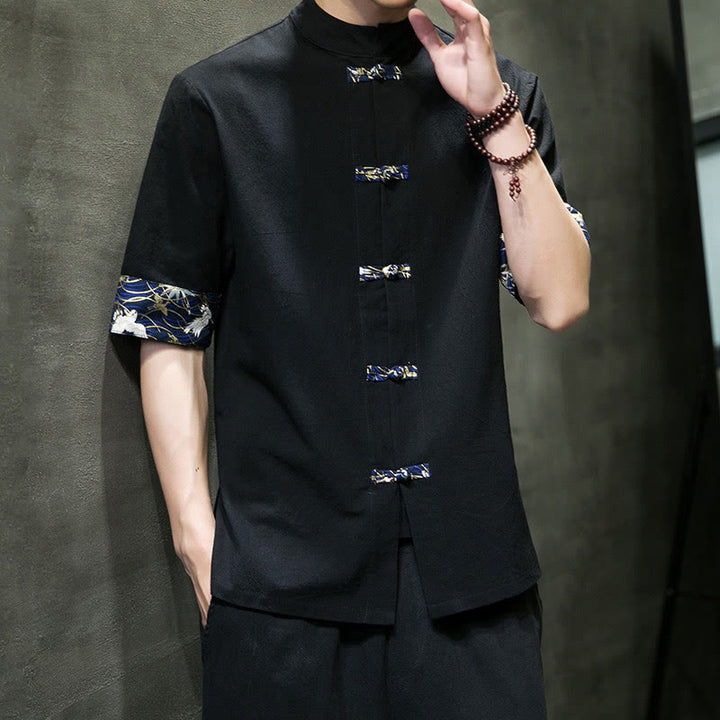Camisa de algodón con cuello alto, manga corta y botones de rana en color liso para hombre, con diseño de grulla blanca y Buddha Stones - image 7