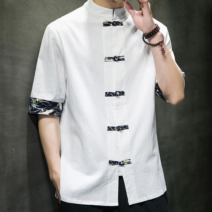 Camisa de algodón con cuello alto, manga corta y botones de rana en color liso para hombre, con diseño de grulla blanca y Buddha Stones - image 13