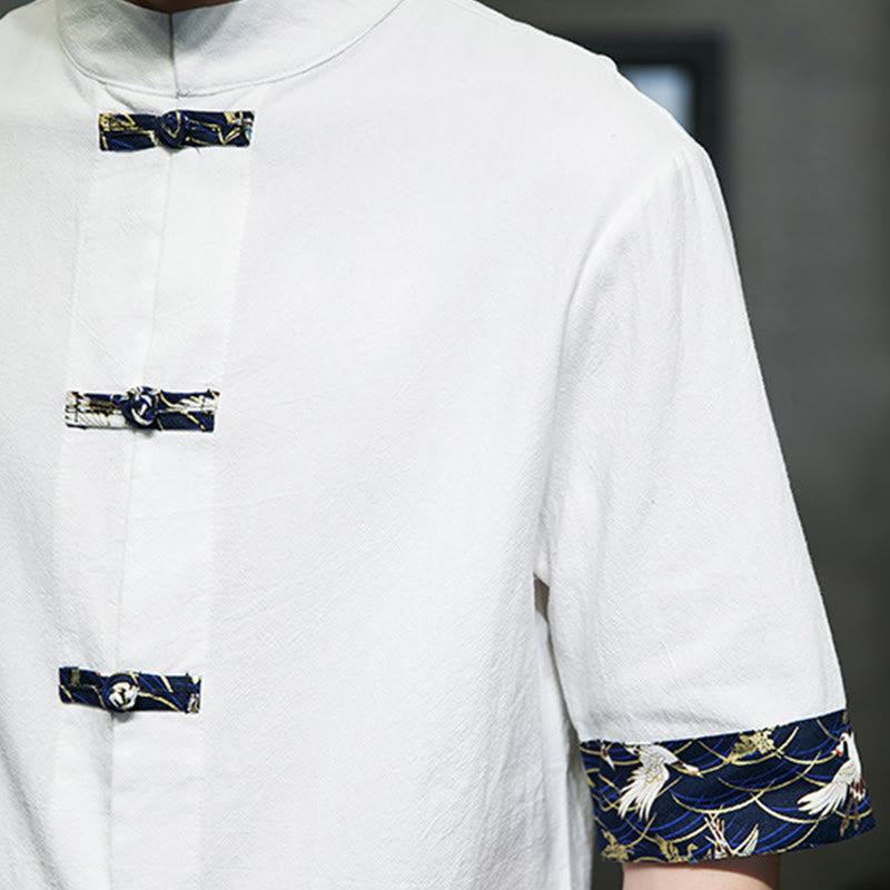 Camisa de algodón con cuello alto, manga corta y botones de rana en color liso para hombre, con diseño de grulla blanca y Buddha Stones - image 17