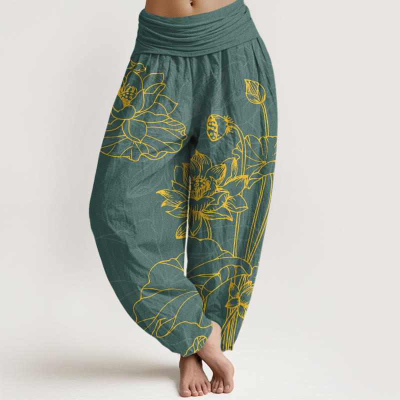 Pantalones Buddha Stones de algodón puro con diseño de flor de loto y capullo para mujer, cintura elástica - Aguamarina mediana - US16，UK/AU20，EU48 (3XL) - image 0