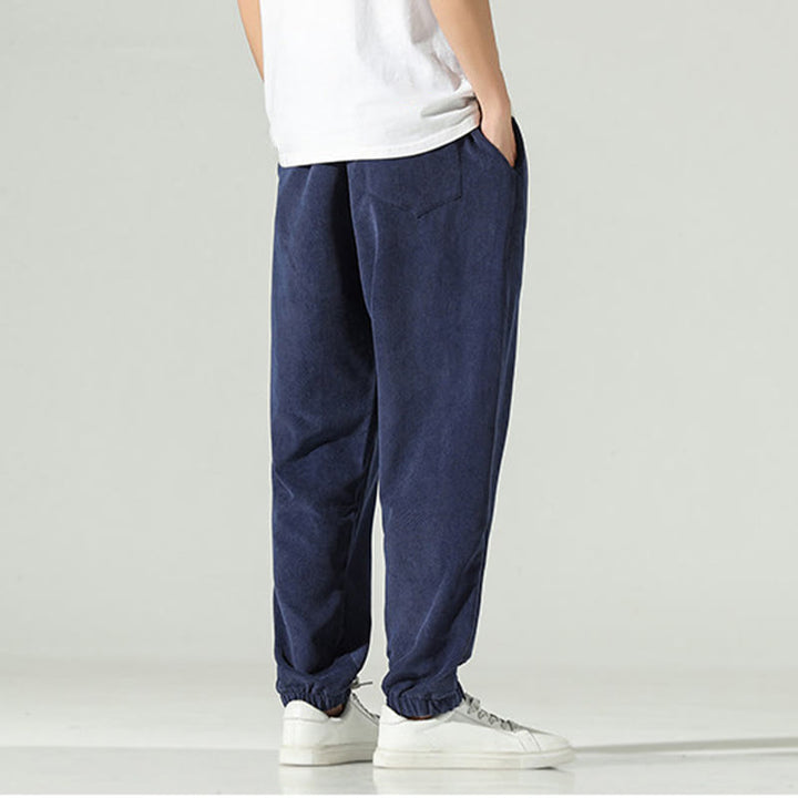 Pantalones harén para hombre con diseño bordado de pana lisa y bolsillos, con Buddha Stones en otoño - image 3