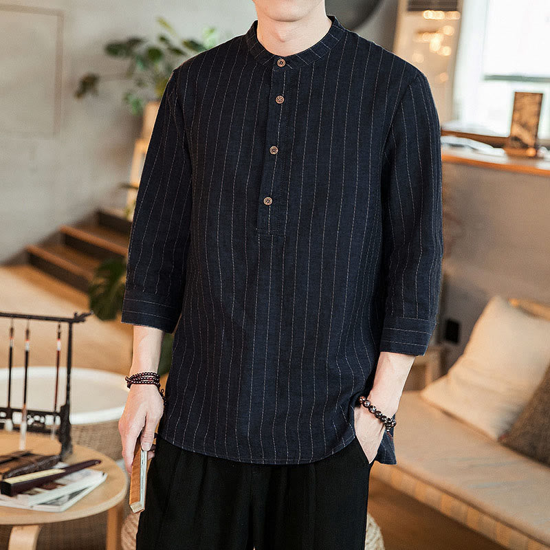 Camisa de algodón para hombre con cuello alto, manga tres cuartos y botones a cuadros Buddha Stones - Azul acero - US/UK/AU46, EU56 (5XL) - image 0