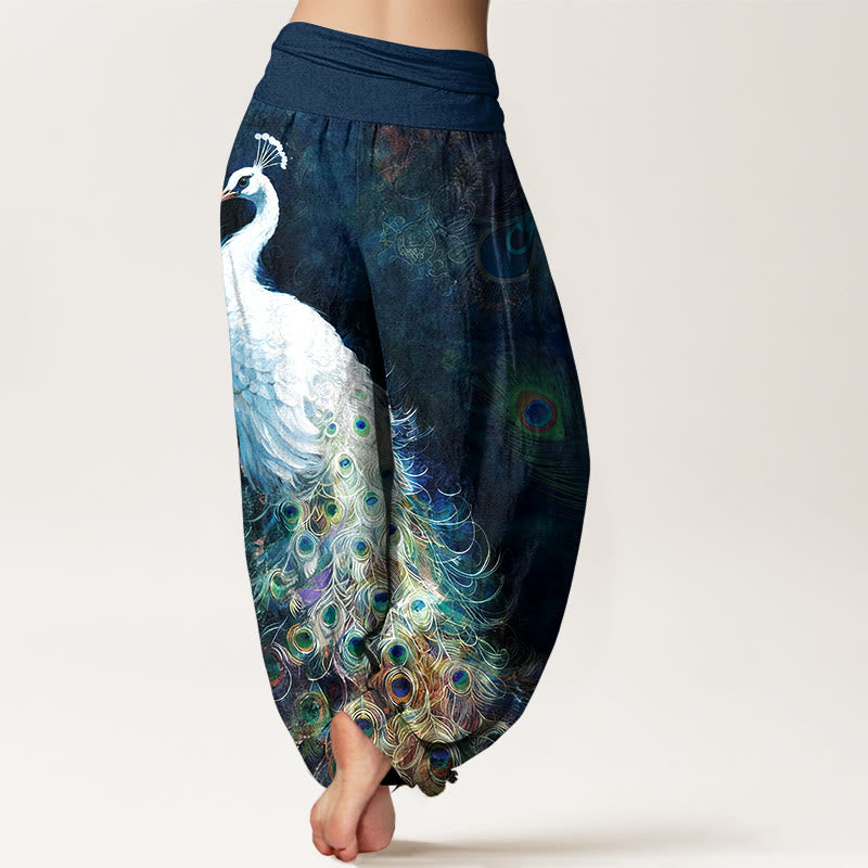 Pantalones harén de algodón puro con estampado de pavo real de Buddha Stones para mujer, cintura elástica - image 1