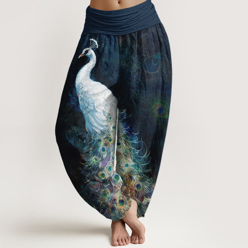 Pantalones harén de algodón puro con estampado de pavo real de Buddha Stones para mujer, cintura elástica - Azul medianoche - US16，UK/AU20，EU48 (3XL) - image 0