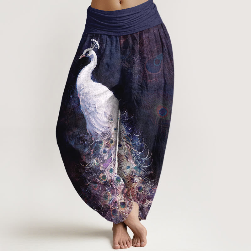 Pantalones harén de algodón puro con estampado de pavo real de Buddha Stones para mujer, cintura elástica - Índigo - US16，UK/AU20，EU48 (3XL) - image 8