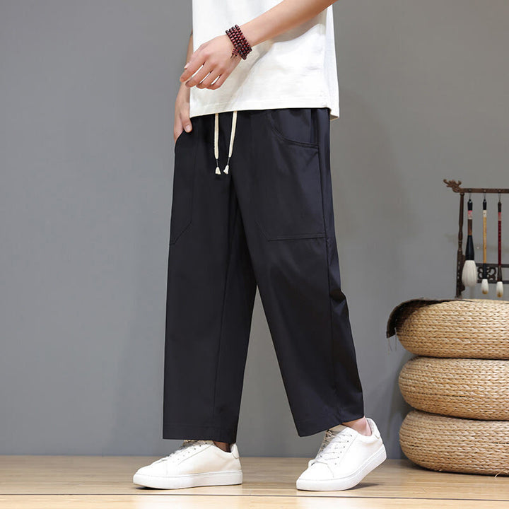 Pantalones de verano para hombre con Buddha Stones, color liso, con cordón, pierna recta, largo 7-8 y bolsillos - Negro - US/UK/AU46, EU56 (5XL) - image 16