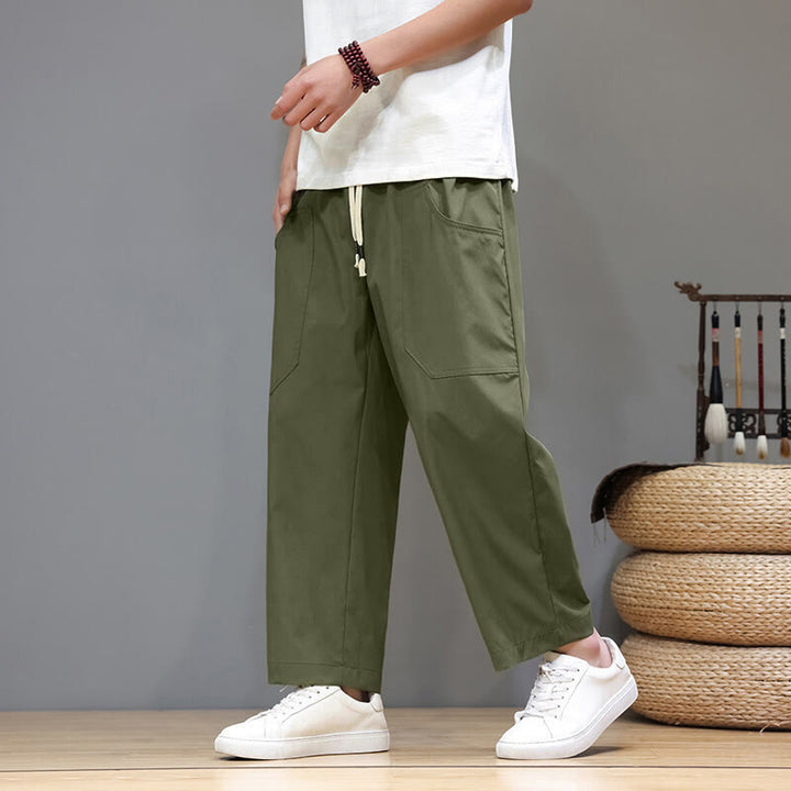 Pantalones de verano para hombre con Buddha Stones, color liso, con cordón, pierna recta, largo 7-8 y bolsillos - Verde oliva - US/UK/AU46, EU56 (5XL) - image 0