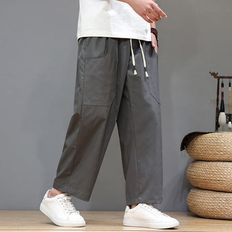 Pantalones de verano para hombre con Buddha Stones, color liso, con cordón, pierna recta, largo 7-8 y bolsillos - image 10