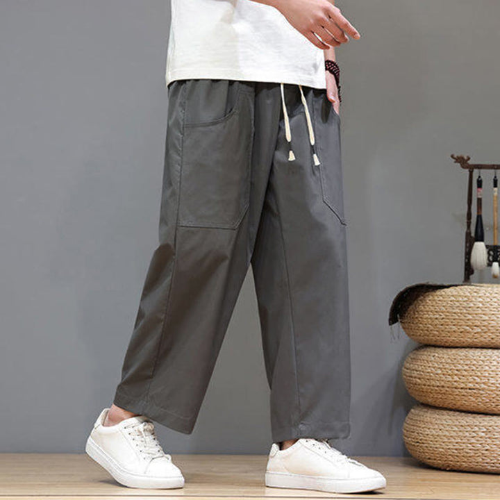 Pantalones de verano para hombre con Buddha Stones, color liso, con cordón, pierna recta, largo 7-8 y bolsillos - image 10
