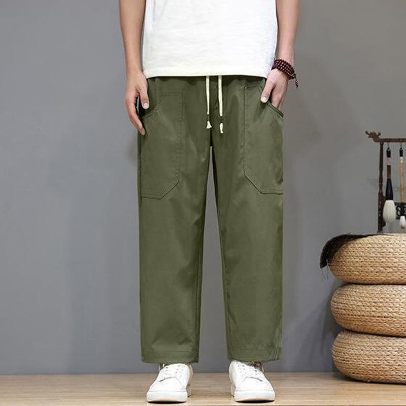 Pantalones de verano para hombre con Buddha Stones, color liso, con cordón, pierna recta, largo 7-8 y bolsillos - image 1