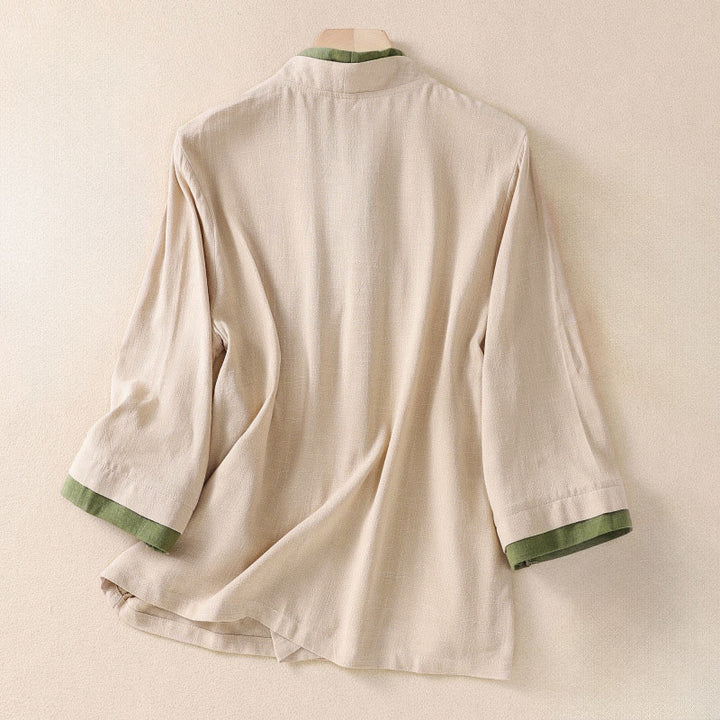 Camisa de lino y algodón con mangas tres cuartos para mujer, diseño retro con cordones y botones de rana , con Buddha Stones - image 2