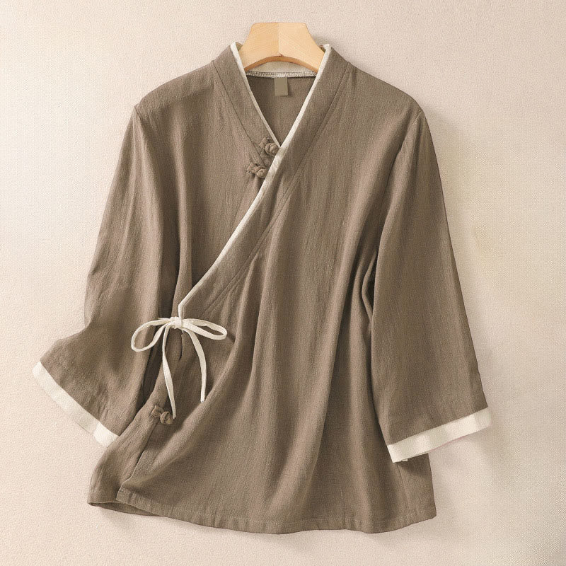 Camisa de lino y algodón con mangas tres cuartos para mujer, diseño retro con cordones y botones de rana , con Buddha Stones - Broncearse - US8-10，UK/AU12-14，EU40-42 (2XL) - image 14