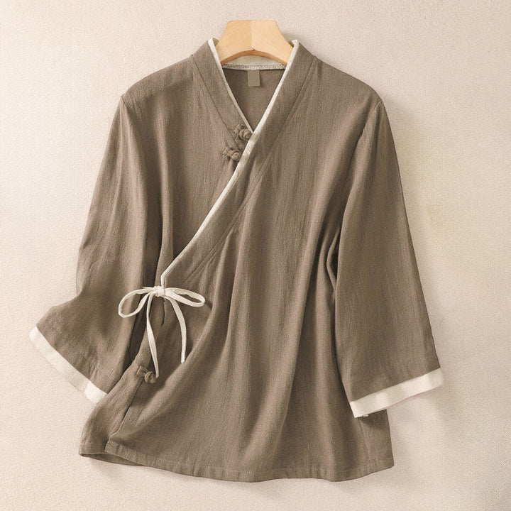 Camisa de lino y algodón con mangas tres cuartos para mujer, diseño retro con cordones y botones de rana , con Buddha Stones - Broncearse - US8-10，UK/AU12-14，EU40-42 (2XL) - image 14