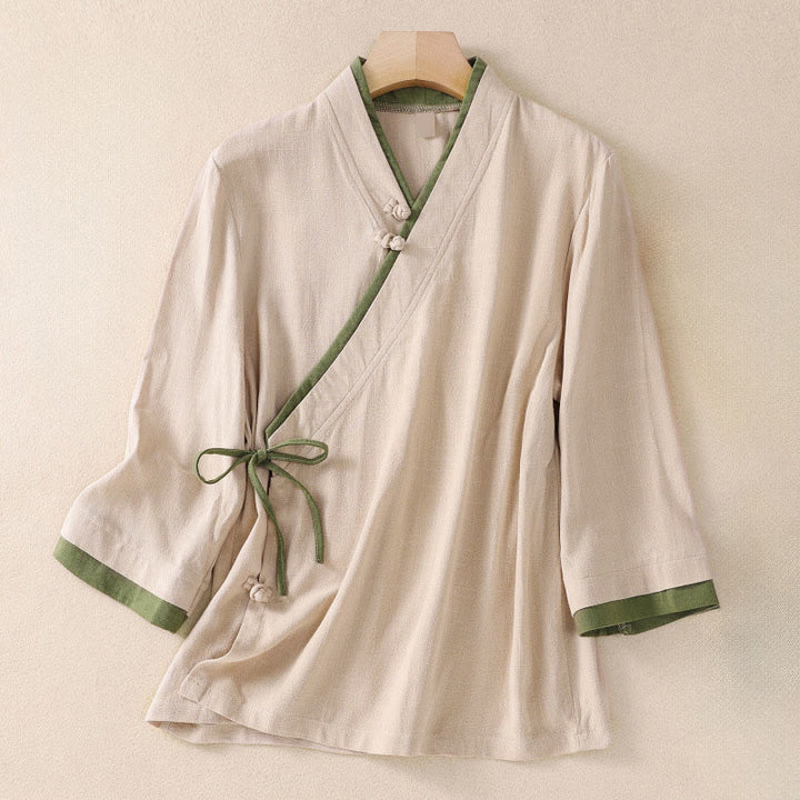 Camisa de mujer de manga tres cuartos con diseño retro de cordones y botones de rana con estampado de Buddha Stones. - PapayaWhip - US8-10，UK/AU12-14，EU40-42 (2XL) - image 1