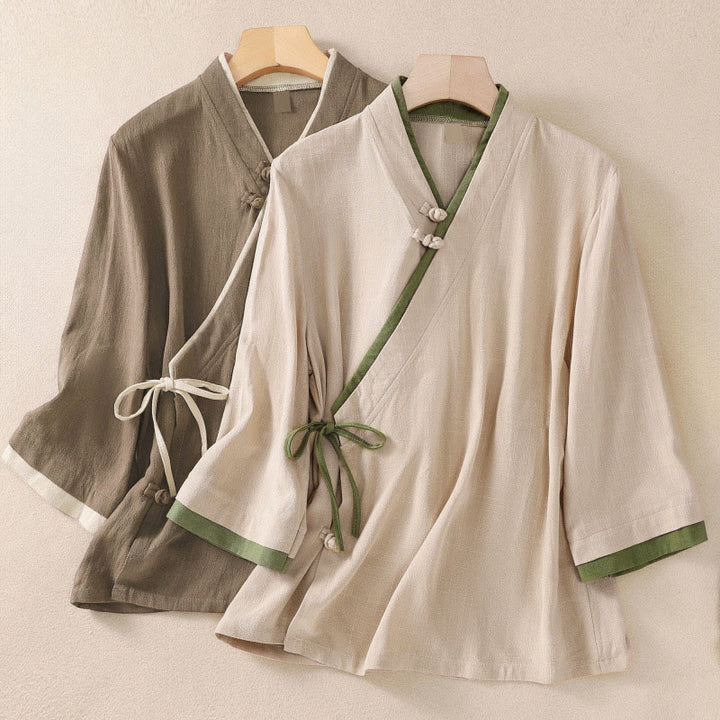 Camisa de mujer de manga tres cuartos con diseño retro de cordones y botones de rana con estampado de Buddha Stones. - image 0