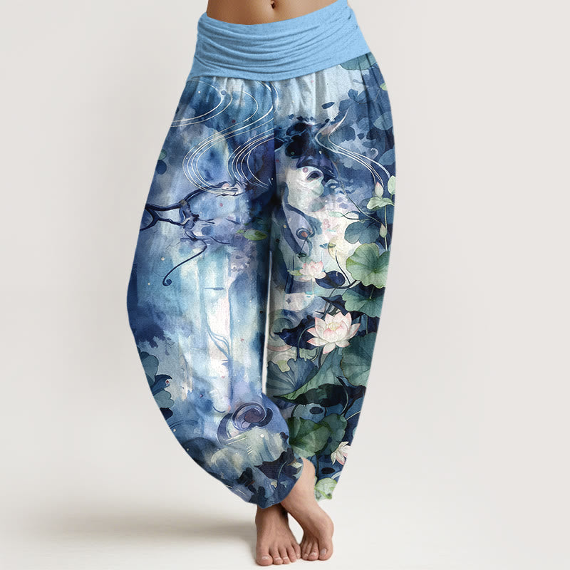 Pantalones Buddha Stones de algodón puro con estampado de hojas y flores de loto para mujer, con cintura elástica, estilo acuarela - Azul cielo profundo - US16，UK/AU20，EU48 (3XL) - image 0