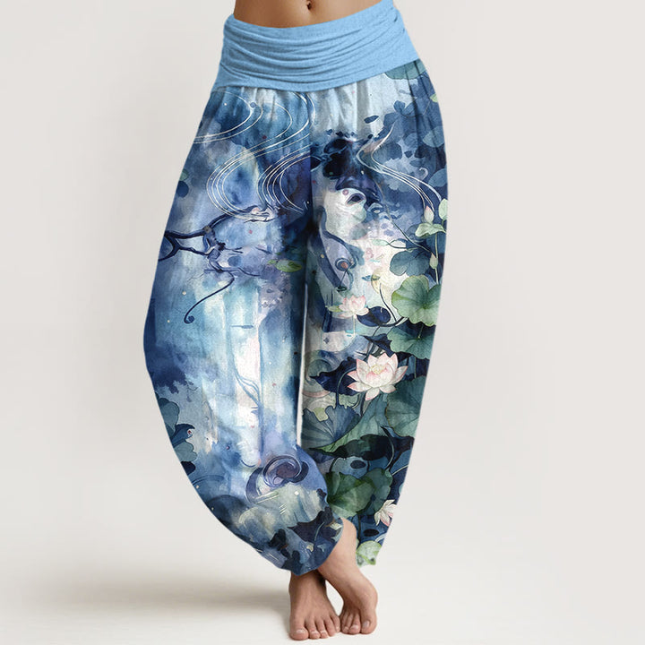 Pantalones Buddha Stones de algodón puro con estampado de hojas y flores de loto para mujer, con cintura elástica, estilo acuarela - Azul cielo profundo - US16，UK/AU20，EU48 (3XL) - image 0