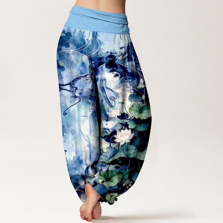 Pantalones Buddha Stones de algodón puro con estampado de hojas y flores de loto para mujer, con cintura elástica, estilo acuarela - image 1